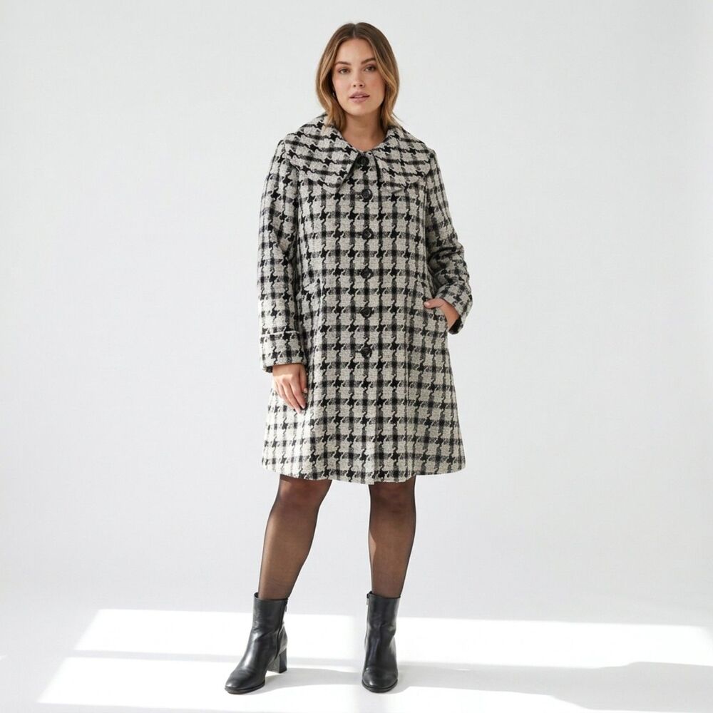GRACE Houndstooth Tweed Coat Womens 12 Wool Blend Wide Statement Collar Swing